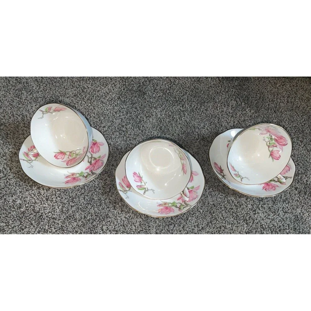 Set of 3 Roslyn China Magnolia Teacup Saucer Sets Pink Floral Gold Trim England